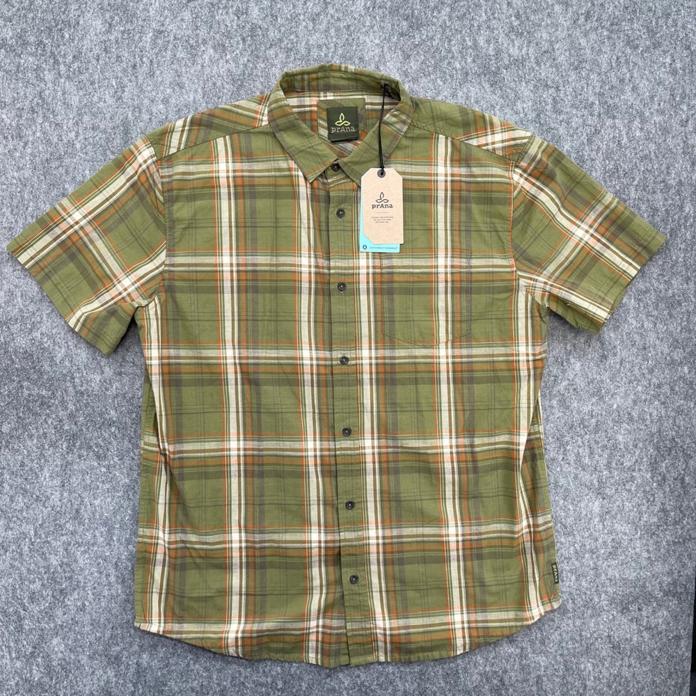 Prana Shirt Mens XL Green Iguana Plaid Short Sleeve Organic Cotton Benton New